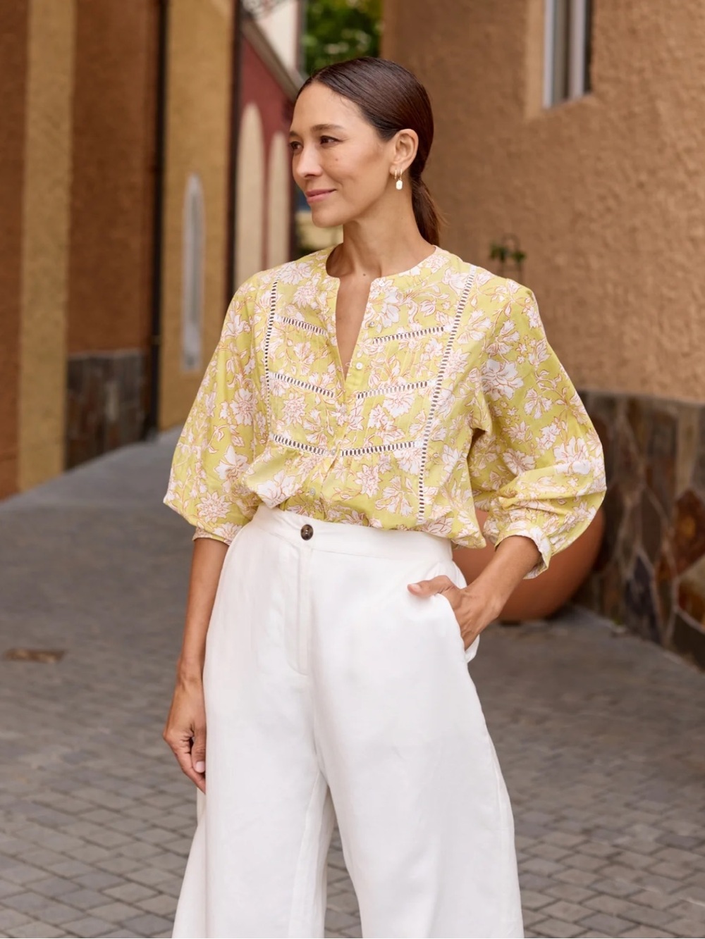 Maye Paloma Havana Yellow Floral Split-Neck Women's Blouse small cotton